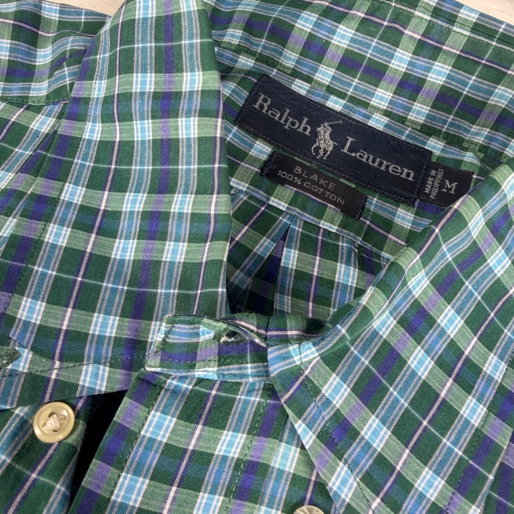 Ralph Lauren Blake Shirt Mens M Green Blue‎ Plaid Short Sleeve Cotton Pony EUC